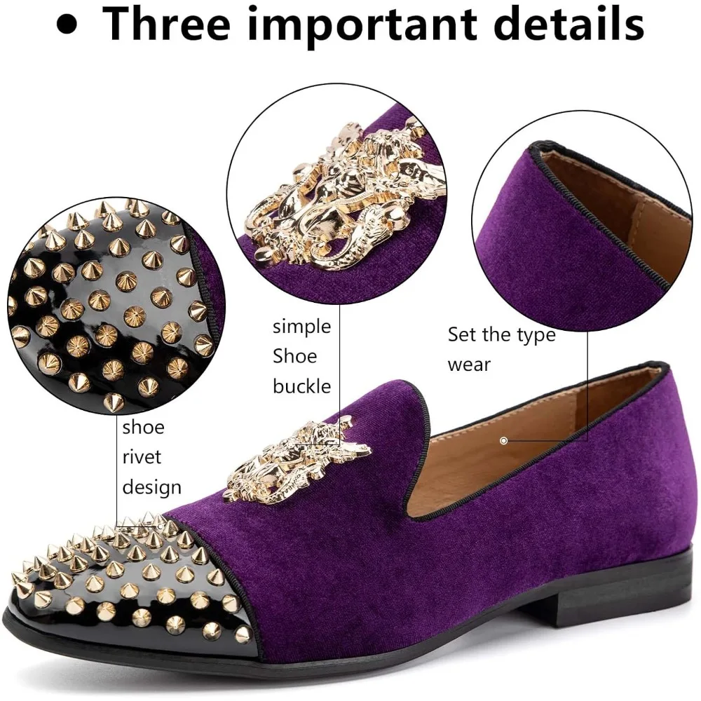 

2026 New Velvet Men Loafers Luxury Brand Shoes Slip on Metal Rivets Toe Party Wedding Shoe Fashion Men Loafers Purple Blue Flats