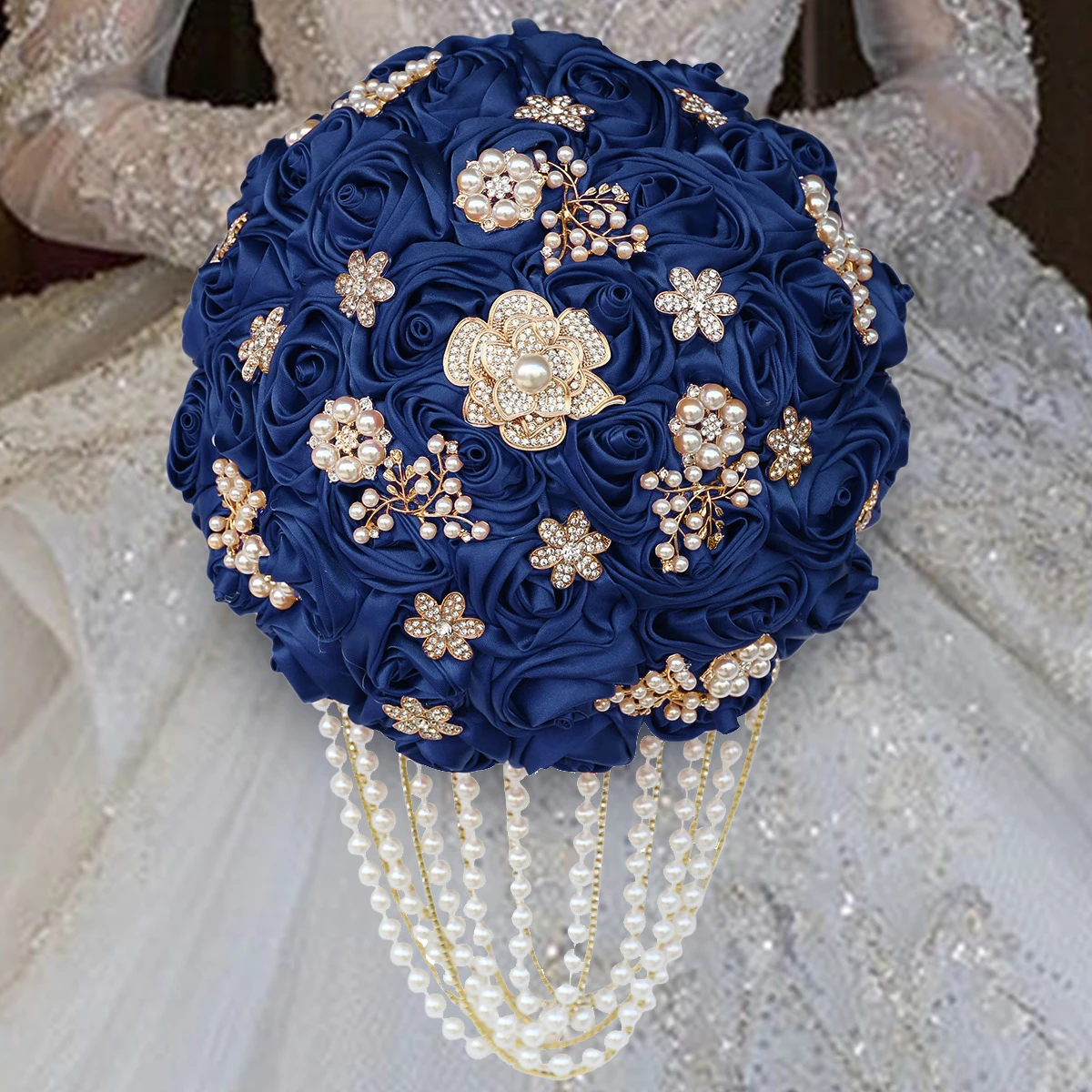 

Wedding Rhinestone Bouque Ribbon Eternal Rose Flower Navy Pearl Bride Marriage Bouquet Bridesmaids Girlfriends Flower Gift W2226