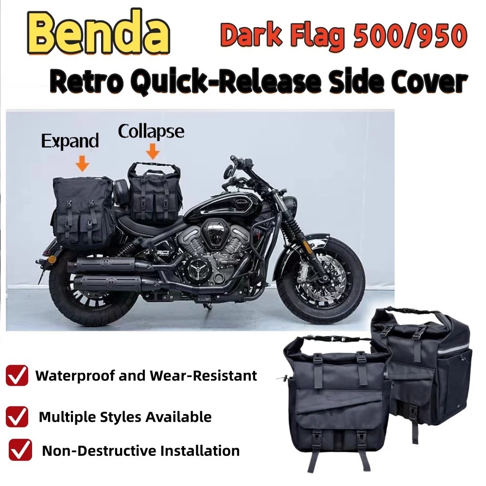 For Benda Dark Flag 950/500 modified retro black canvas side bag, waterproof and durable rider bag, large capacity side bag