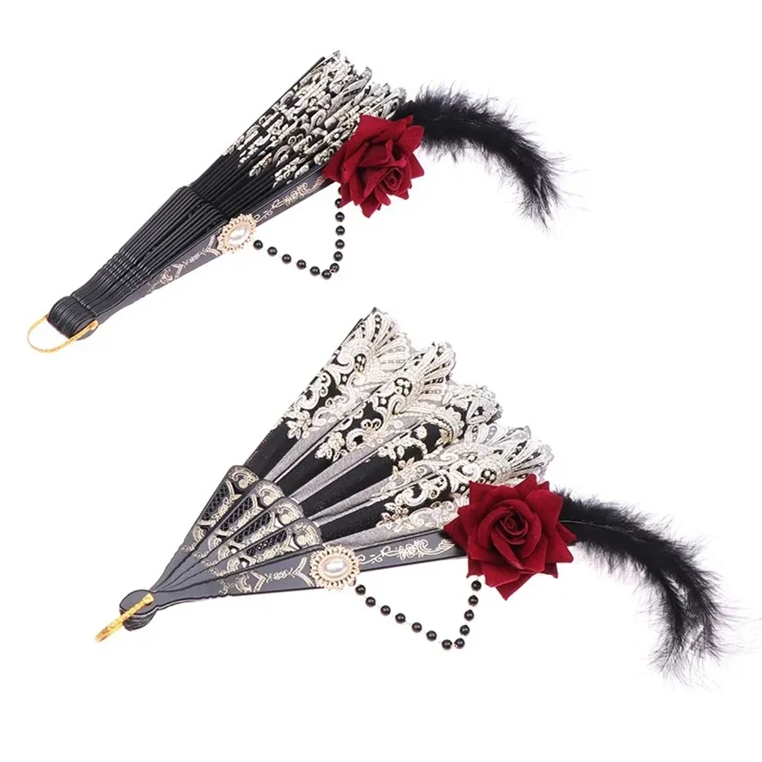 Retro European Rose Folding Fan Lolita Gothic Fan Lace Wedding Role Playing Party Decoration Supplies