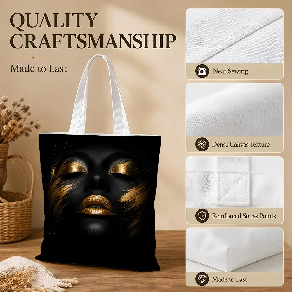 Cool Black Golden Female Portrait Storage Bags Canvas Tote Bag Women Large Capacity Reusable Shopping Shoulder Bag Daily Handbag