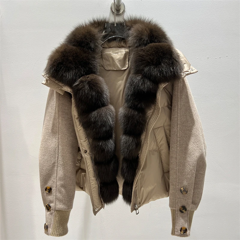 New winter style down jacket with large fox furCollar high-quality fashionable short wool patchwork thickened warm hooded jacket