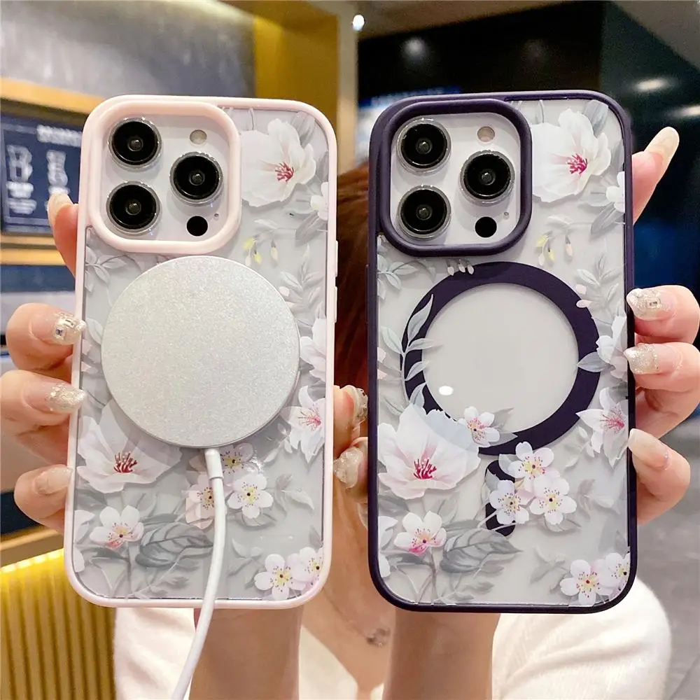 Fashion Flowers Floral Clear For Magsafe Magnetic Wireless Charging Case For iPhone 16 11 12 13 14 15 Pro Max Hard Bumper Cover