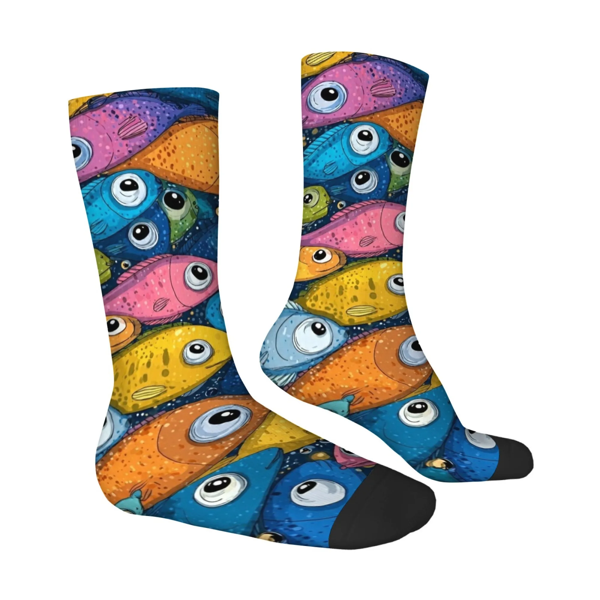 Cartoon Colorful Fish Print Men's Socks Fashionable Retro Quirky Hip-hop Street Sports Socks Comfortable Breathable Soft Socks