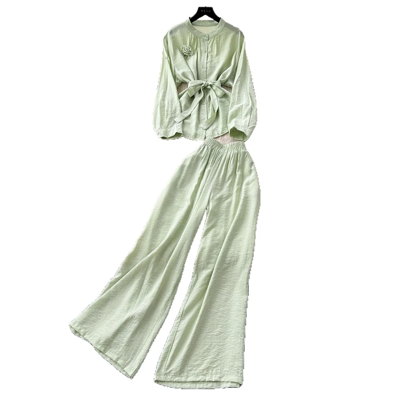 ผู้หญิงชุดกางเกง 2 ชิ้นชุดรอบคอแขนยาวเสื้อลูกไม้ขึ้นขากว้างยาวกางเกงเอวยางยืด Y2k Streetwear ทํางาน