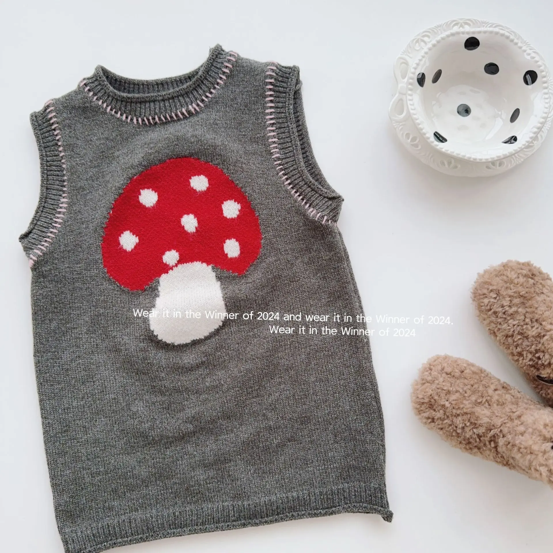 Korean Cute Mushroom Knitted Dress for Girls 2024 Autumn and Winter New Girl Baby Sweater Vest Dress Princess Dress