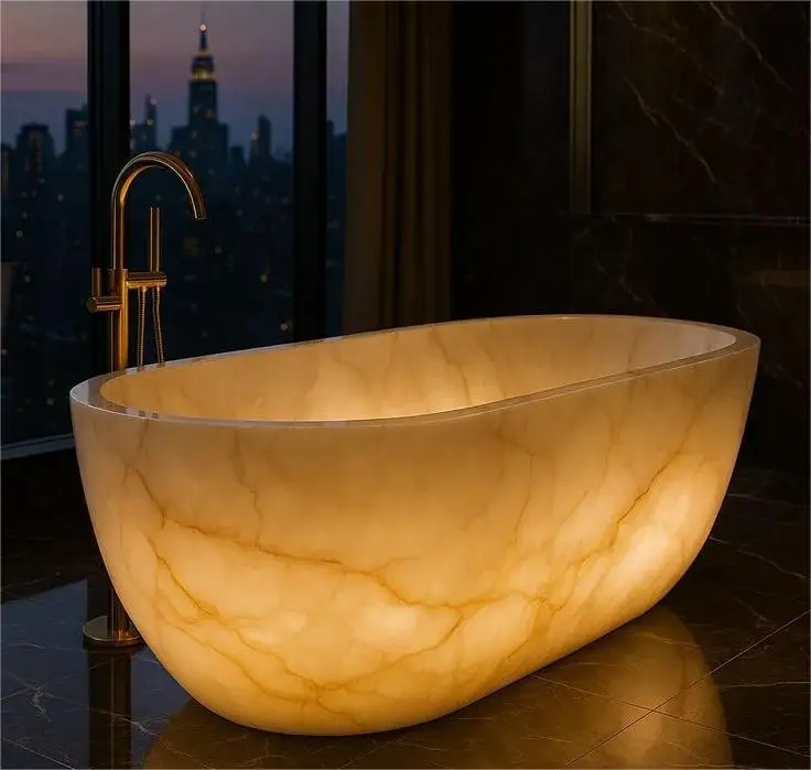 Luxury Stone Baths,YUSHI Modern Boat Shape Natural Stone Soaking Bathtub Luxurious Translucent Onyx Marble  standing Bathtub