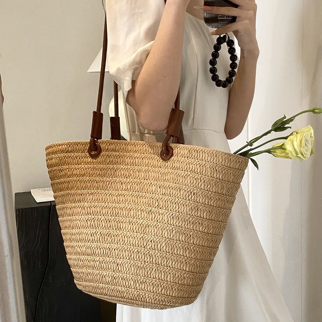 Casual Large Capacity Straw Basket Bag Handmade Women Shoulder Bags Weave Summer Beach Bandbags Big Tote Bali Shopper Purses