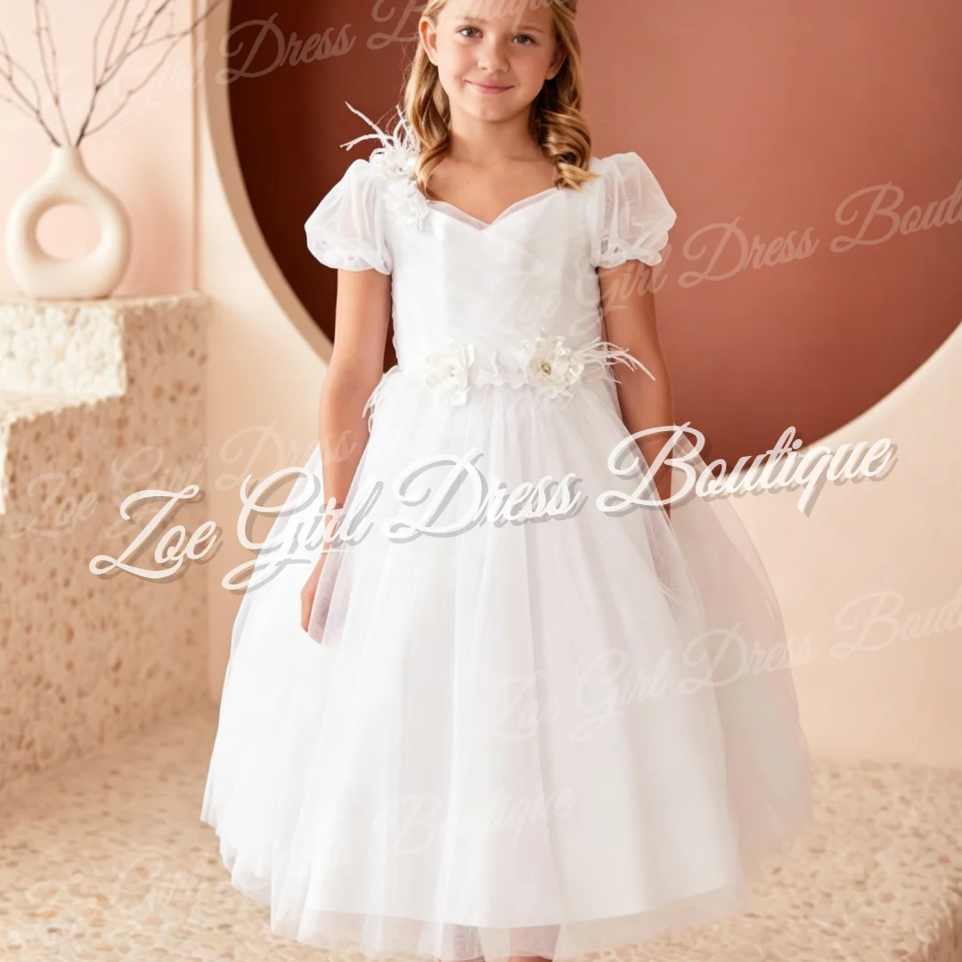 Vestido Blanco de Tul con Mangas Cortas Abullonadas, Cuello en V y Detalles de Plumas, para Niña de las Flores, Boda, Primera Comunión, Bautizo, Personalizable