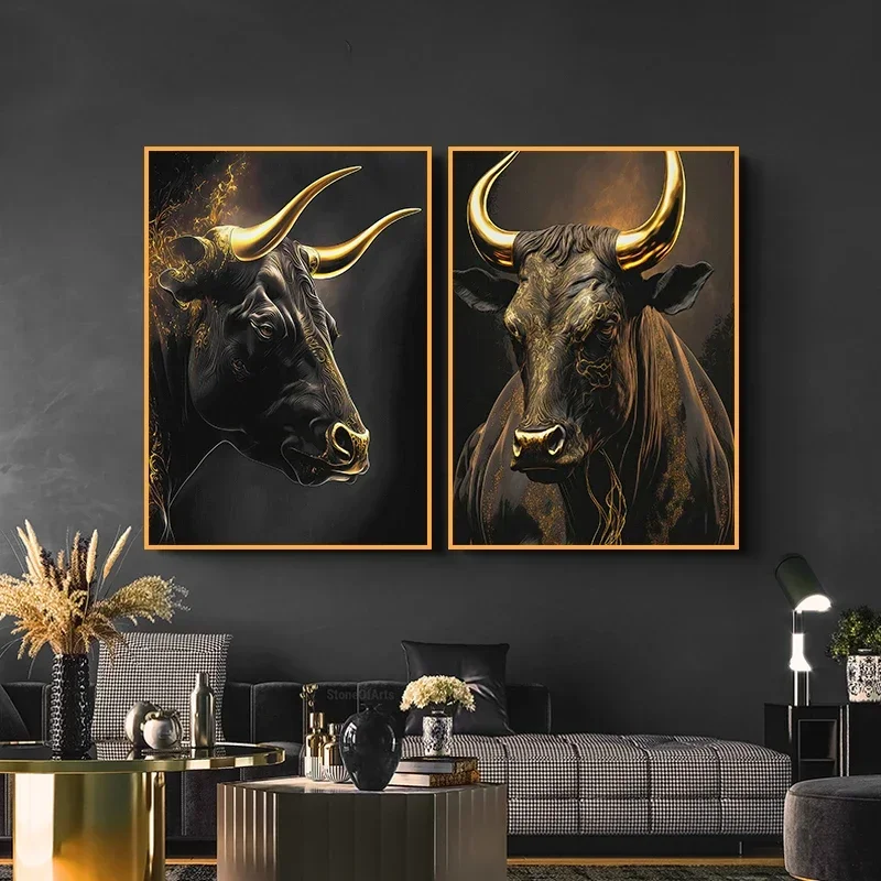 1pc frameless Retro Golden Style Bull Trader Stock Market Bull Art Poster Canvas And Print Picture for Living Room Office Home D