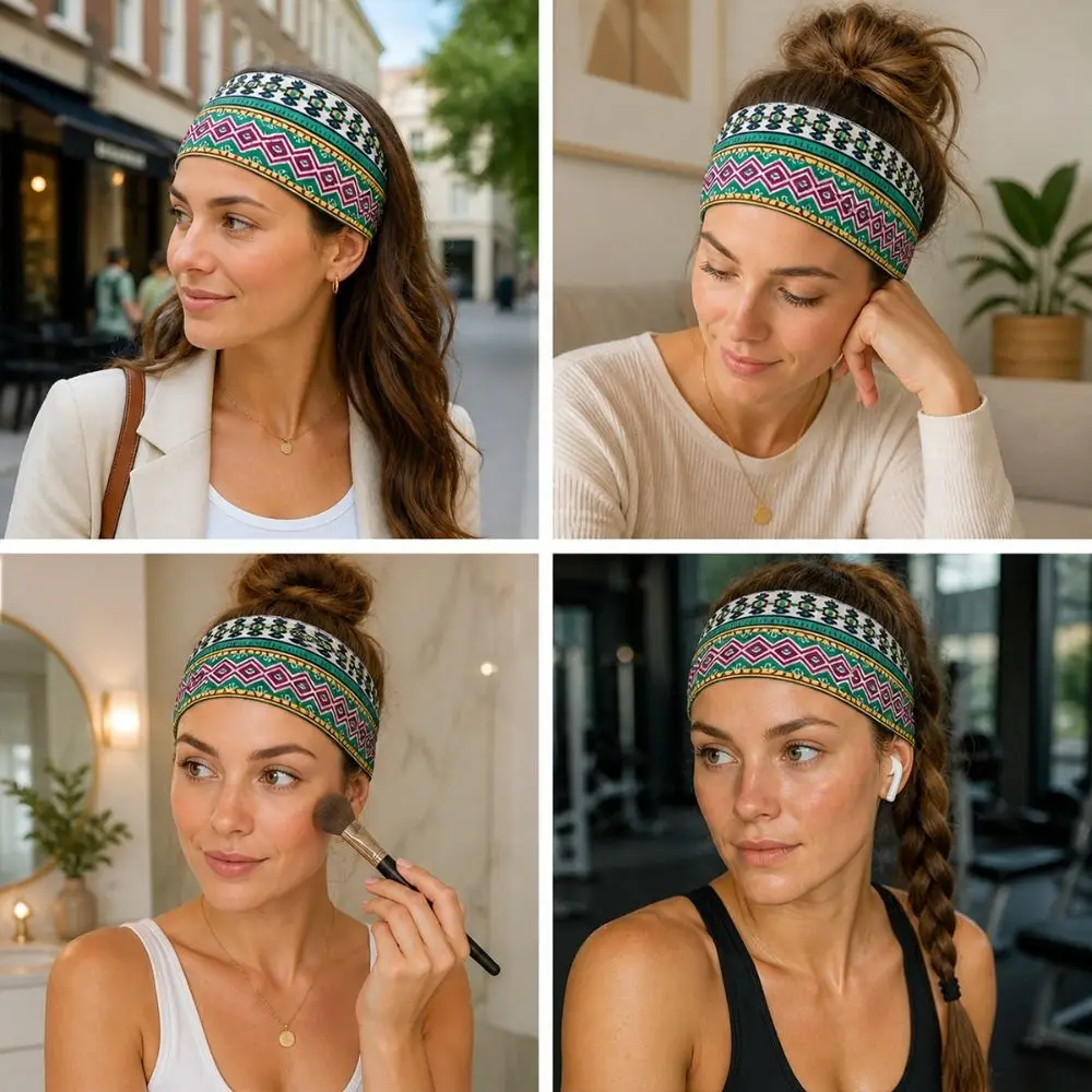 Fashion Ethnic Print Yoga Headband Sweat-absorbent Elastic Sport Hairband Breathable Soft Makeup Headband Sports