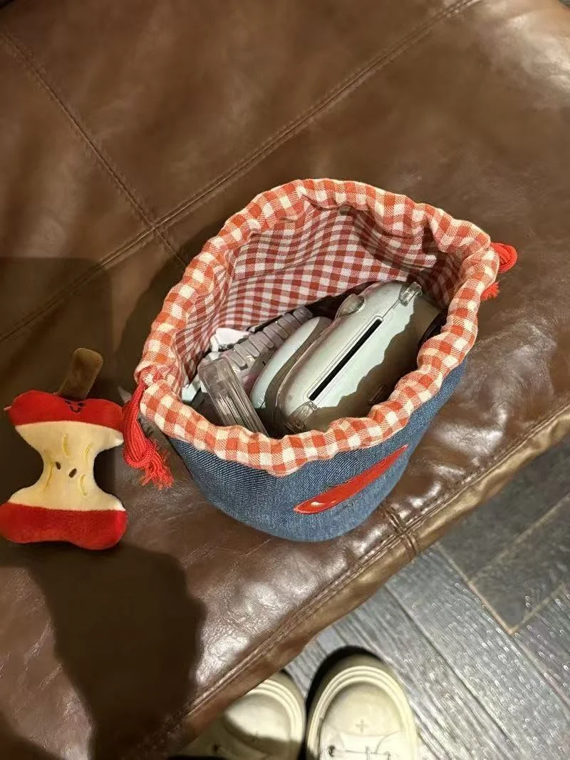 Portable makeup bag, Polaroid camera storage bag, denim Apple drawstring bag, Korean-style ins-style drawstring pouch