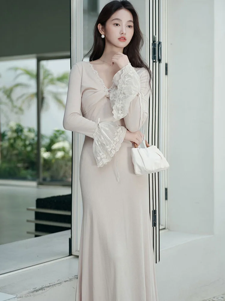 Robe longue en dentelle tricotée, manches évasées, Chic, col en v, élégante, pull décontracté, robe de bal moulante coréenne, automne hiver 2025