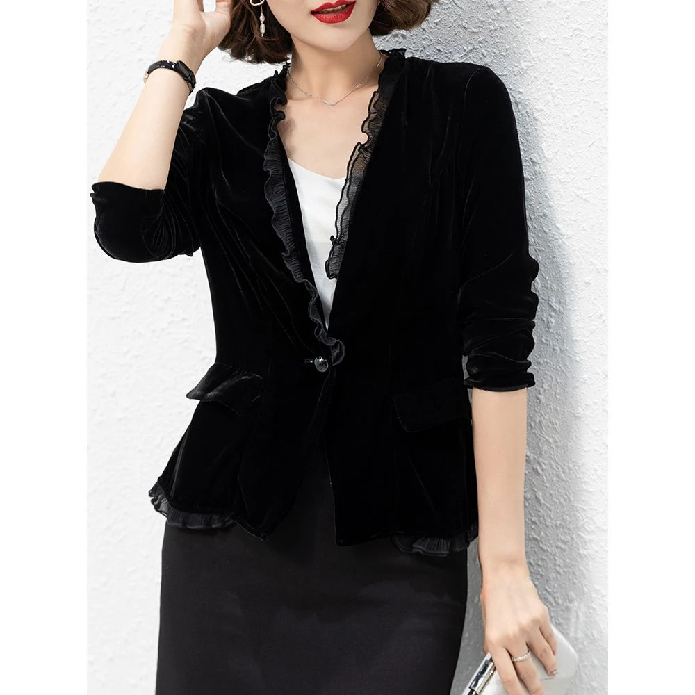 2025 Spring Women Vintage Ruffles Wine Red Cardigan Velvet Coat , Woman Clothing Short Slim Fall Velour Coats