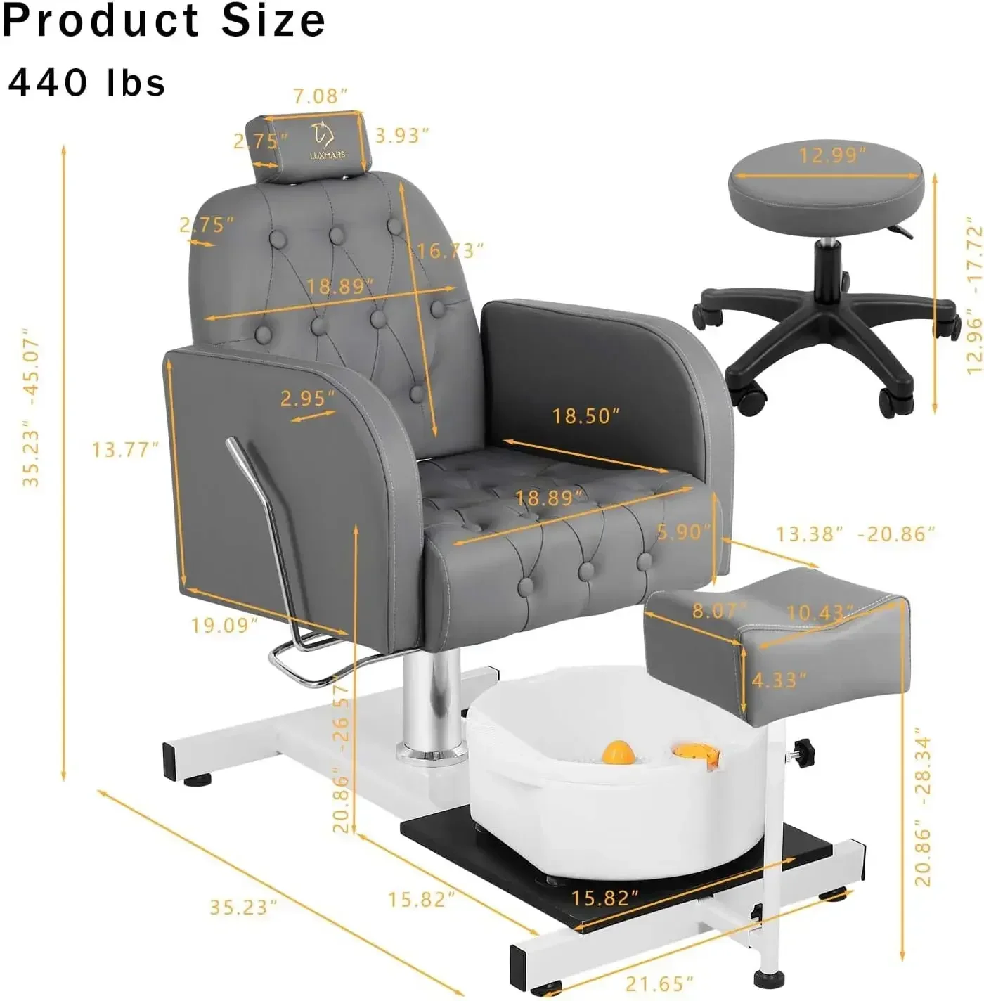 Chaise de pédicure hydraulique réglable avec tabouret, bassin de massage des pieds, station de pédicure, rotation à 360 °, unité de salon de spa de beauté