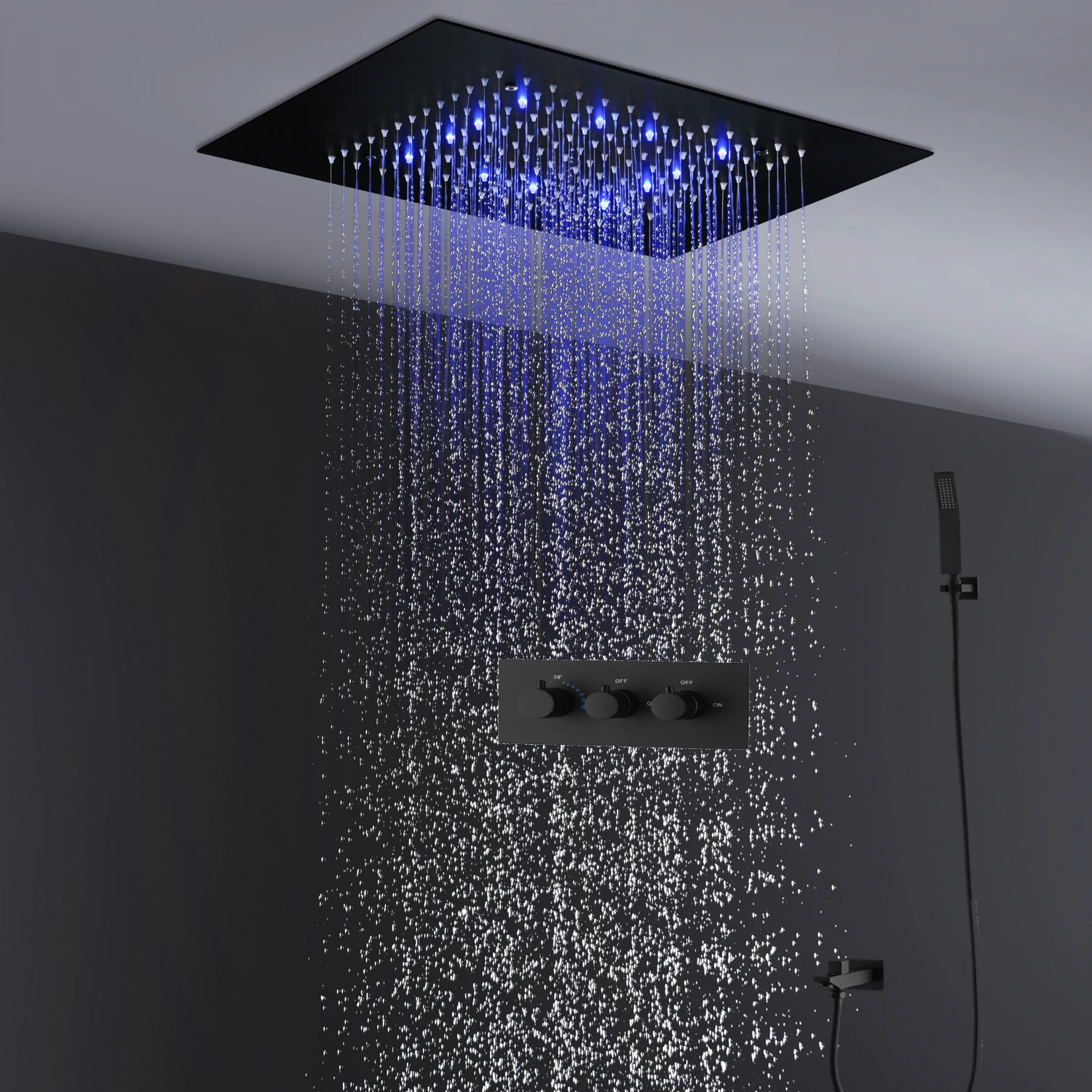 

hm Modern Thermostatic Rain Shower System Set 20X14Inches Ceiling LED Shower Head Panel Bathroom Rainfall Faucet Black Finished