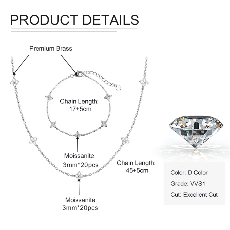 

D-Color 3mm Full Moissanite Clover Bracelet&Necklace Set for Women VVS1 Imitation Diamond Flower Jewelry Birthday Gifts