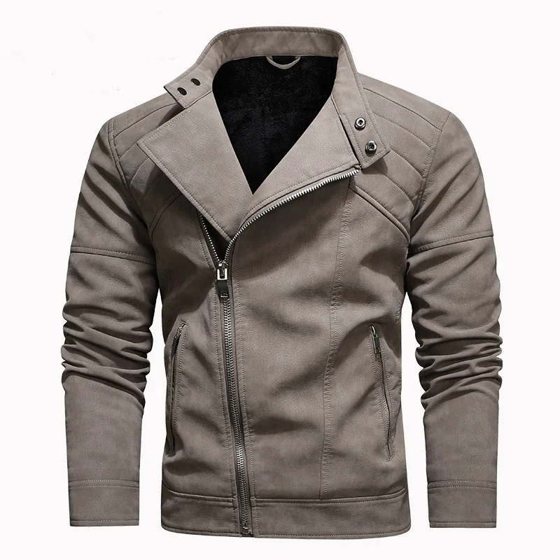 

Winter Mens Pu Motorcycle Fleece Leather Jackets Oblique Zipper Stand Collar Locomotive Coat Fashion Male