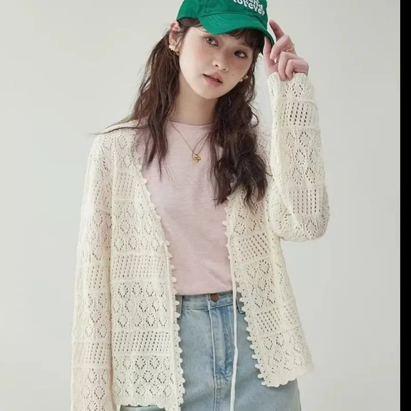 

Women's Knitted Hollow out Lightweight Summer Casual Cardigan Sun Protection Air Conditioning Top Long Sleeve V-Neck Pullover