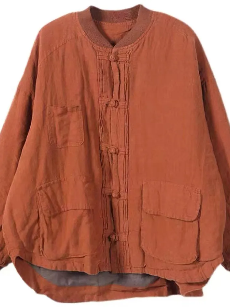 Jaqueta Fena de Aodão e Linho com Caimento Solto e Espo, Novo Estilo Outono Inverno, Aboa, Estilo Étnico Artísti...