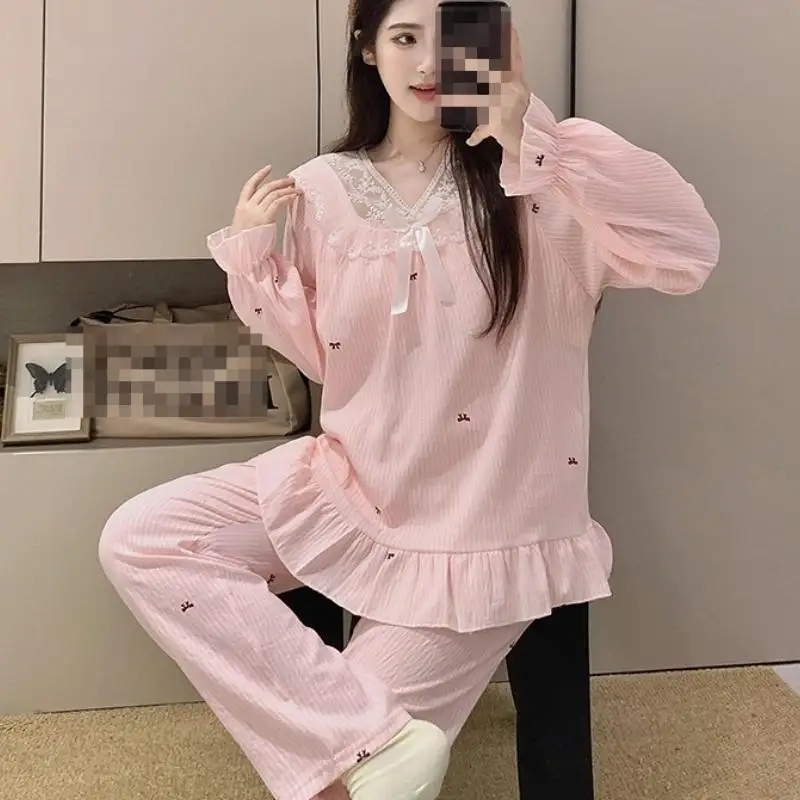Women's Lace V-Neck Pullover Long Sleeved Long Pant Home Suit Set for Girls In Spring Autumn New Pajamas for Women Two-Piece Set