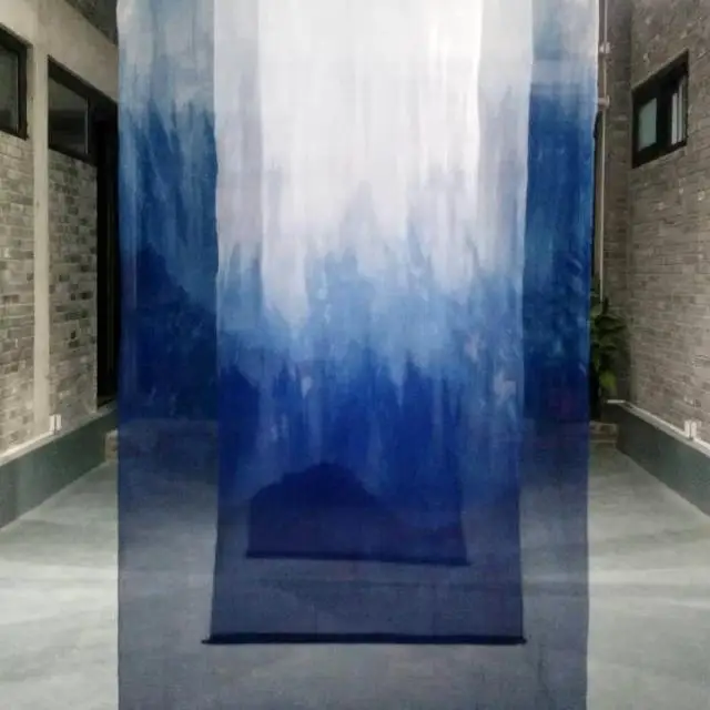 Thin Curtain Handmade Blue Dyed Artistic Plant Dyed Grass and Wood Dyed Gradient Curtain Fabric Fabric