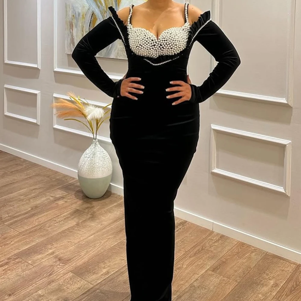 Customized Straight Evening Dresses Floor-length Spaghetti Strap Full Sleeve Prom Gown Simple Fashion Beading Ruched Party Gown