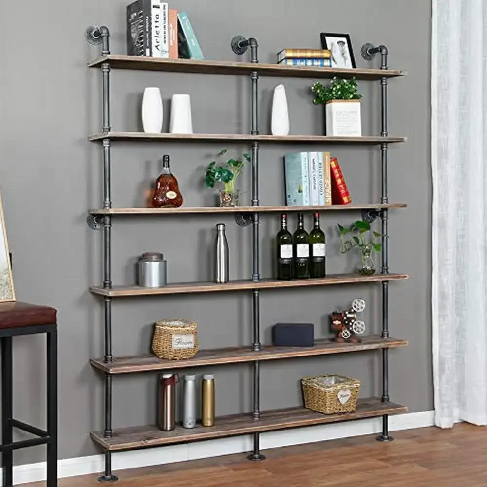 6-Tier Industrial Wood Wall Shelf Rustic Pipe Bookcase Bedroom Study Room Storage Shelving