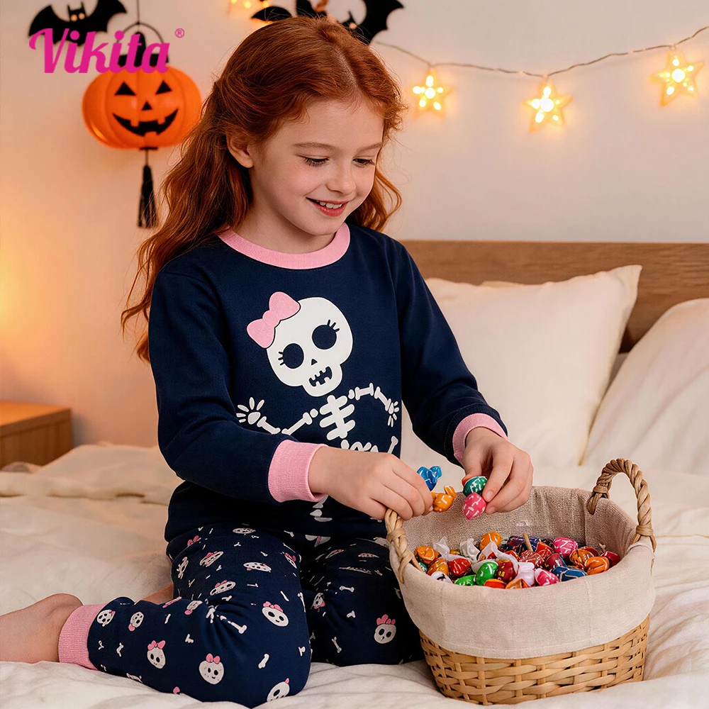 VIKITA Mädchen-Pyjama-Set mit süßem Skelett- und Totenkopf-Aufdruck für Halloween, langärmelig, gemütliche Baumwolle, lässige Nachtwäsche, Nachtwäsche-Outfit