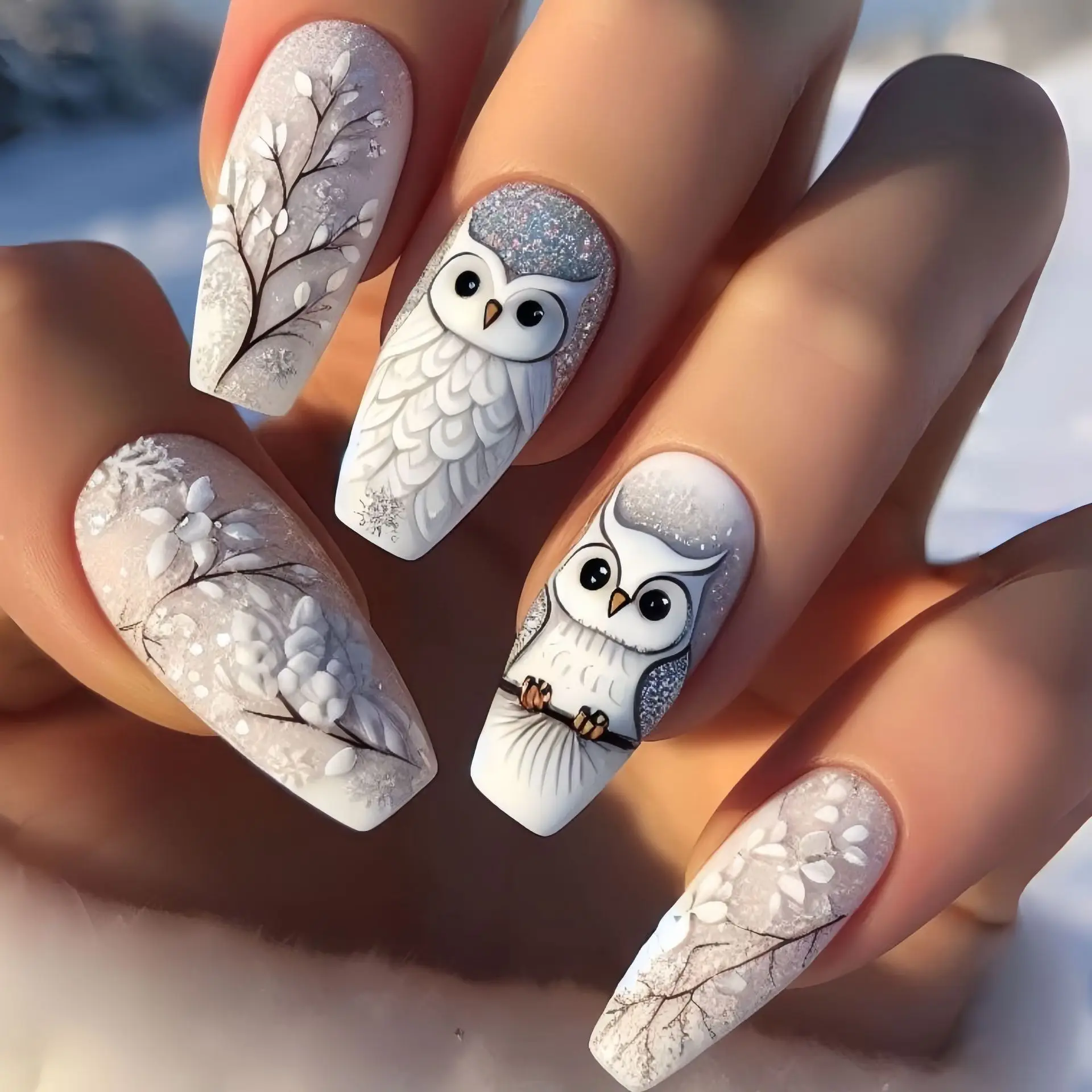 24 Stück/Set mittelgroße künstliche Nägel für Frauen, Mädchen, süßer Bär, Eule, Tiere, glänzendes, ballettförmiges Nagelspitzen-Design, zum Aufdrücken falscher Nagelkunst
