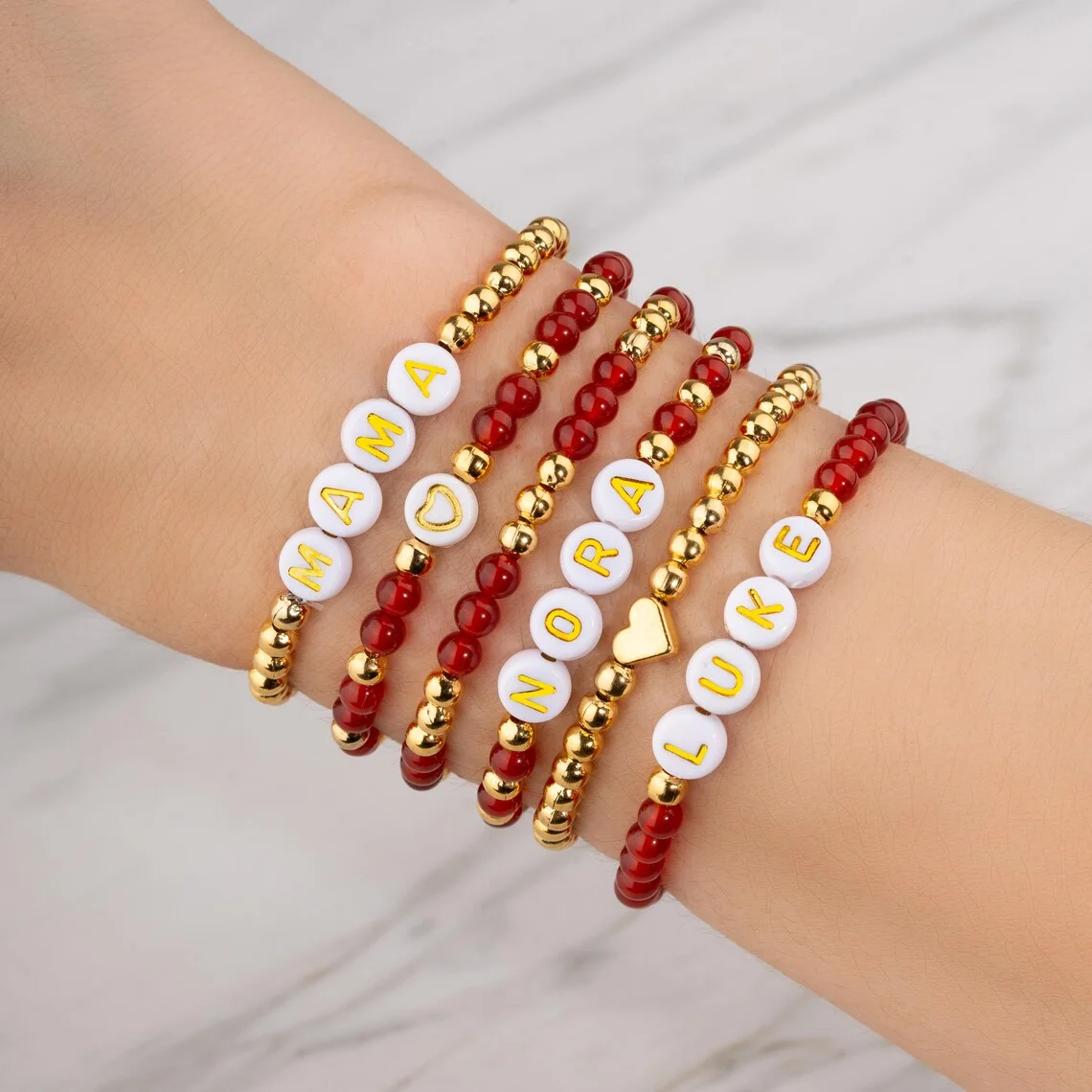 CCGOOD Personalized Name Bracelet Gold Color Beaded Elastic Stackable Carnelian Stone Heart Letter Bracelet Custom Jewelry Gift