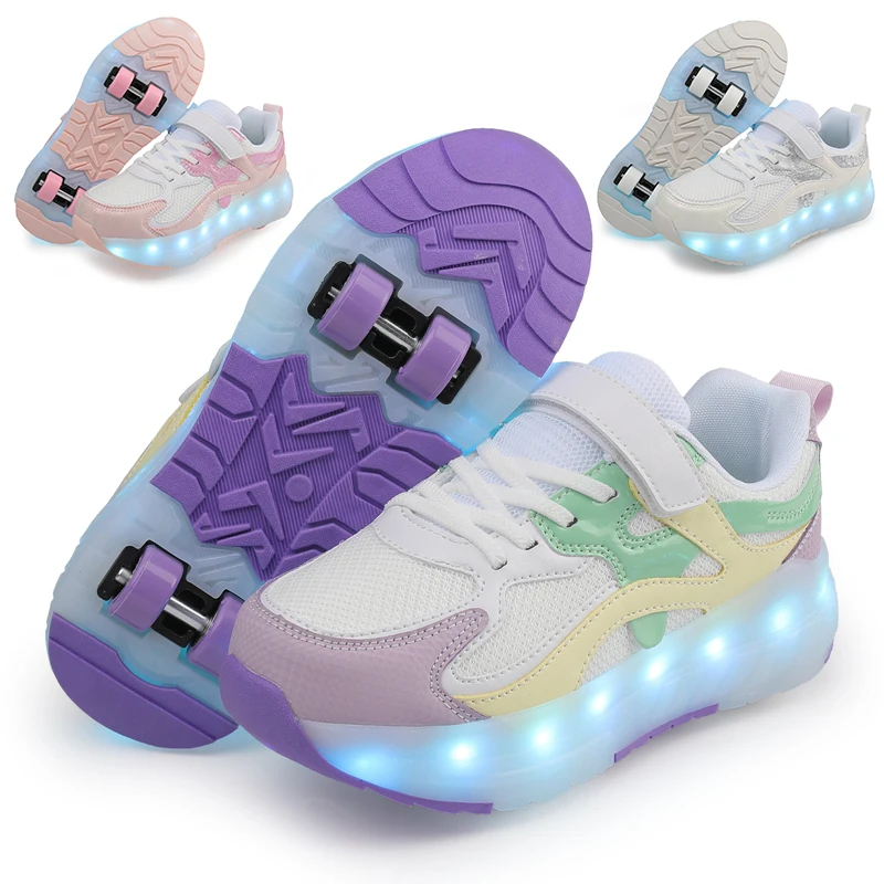 Children Glowing Ice Roller Skates Shoes Student 4-wheels Outdoor Detachable Sport Deformation Parkour Runaway Boys Girls Gift