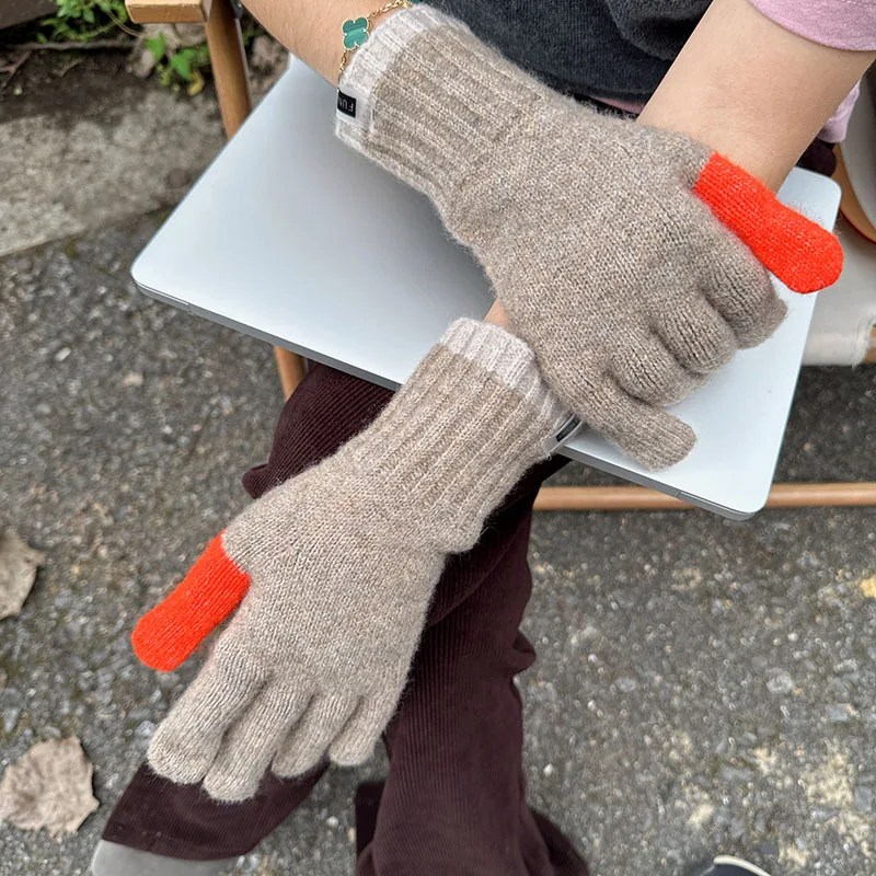 

Autumn and Winter New Candy Colored Fashionable and Sweet Knitted Touch Screen Warm Color Blocked Five Finger Gloves Long Gloves