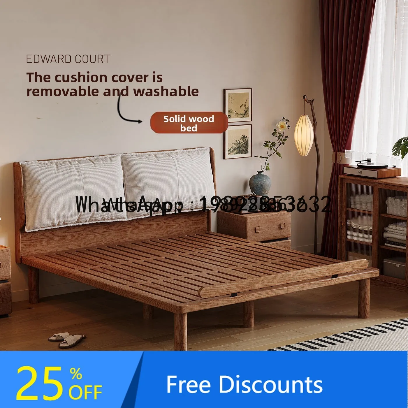 F2 Solid Wood Upholstered Bed Retro Style Suitable for Small Apartments White Ash Wood Double Bed for Master   Bedrooms