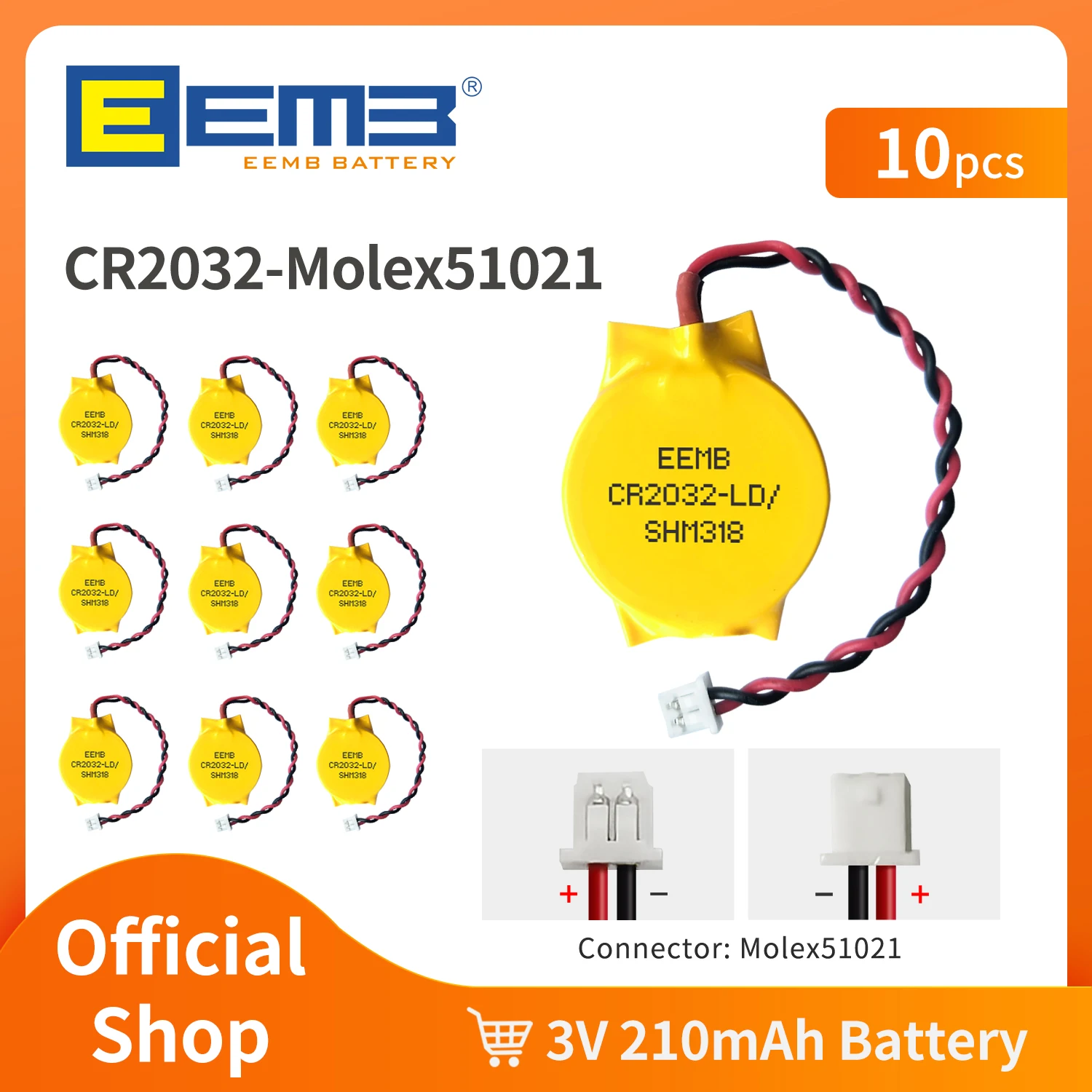 10PACK CMOS Battery EEMB 3V CR2032 Battery with Molex51021-RP Plug Motherboard Laptop Replacement Battery for PC Computer