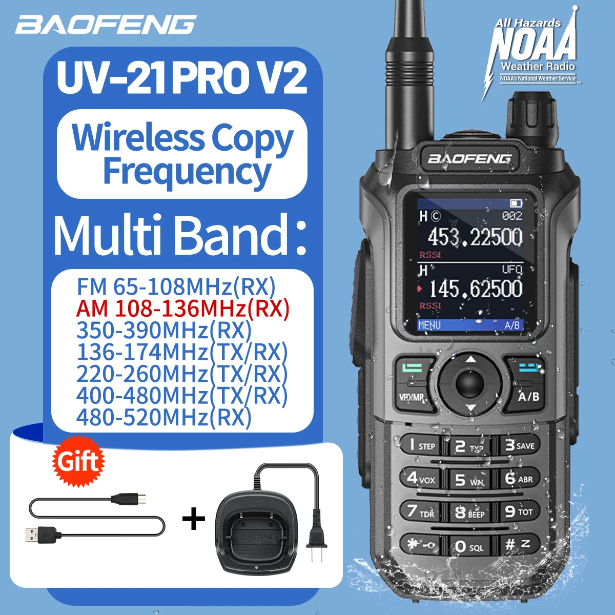 Baofeng UV-21 Pro Air Band Walkie Talkie V2 Wireless Copy Frequency Long Range 999CH High Power Type-C UV-5R Ham Radio Camping