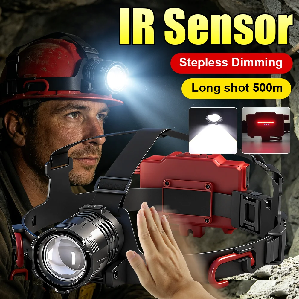 

Professional Mining Headlamp LED Rechargeable IR Sensor Light White Laser Headlamp Power Bank Cap Light Hiking Mining Operations