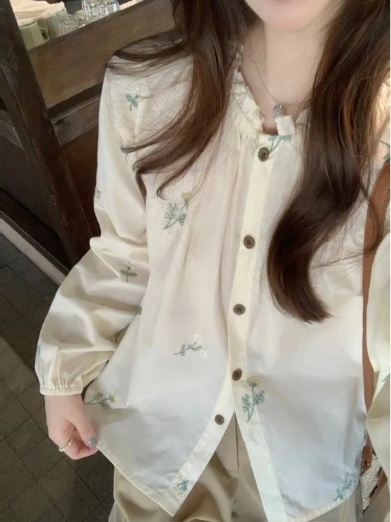 

Korean Style Floral Embroidery Lantern Sleeve Shirt Women's Loose Summer Top Trendy Holiday Casual Commute Long Sleeve