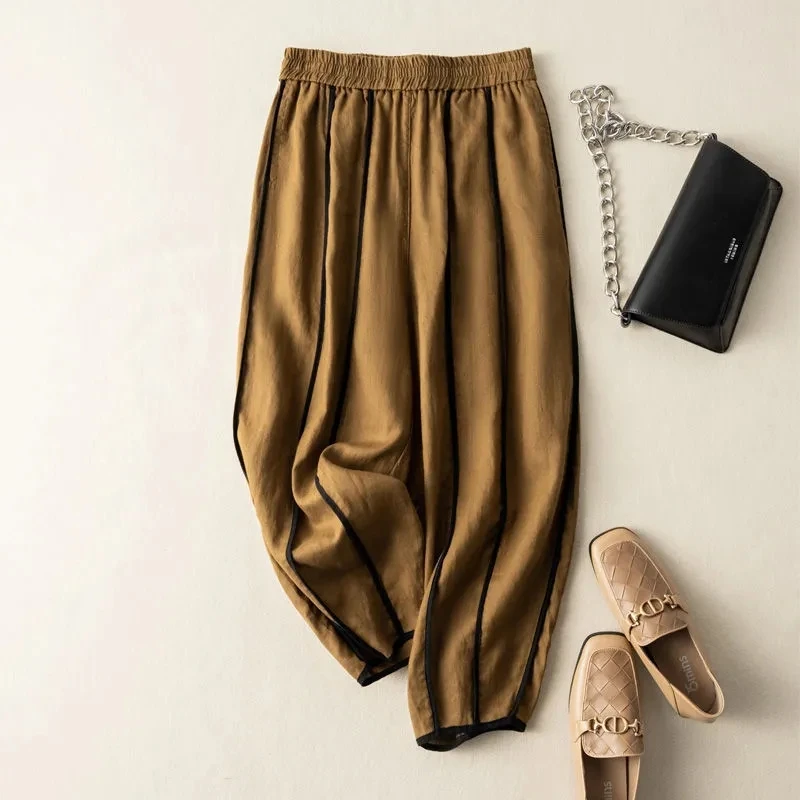 Bright Line Decoration Elastic High Waist Bloomers Loose Wide Leg Women\'s Pants Korean Fashion Ankle-Length Pants For Women 2024