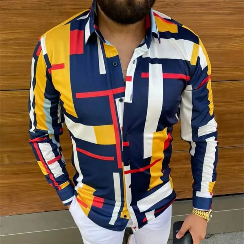 Camisa casual de manga longa masculina, blusa justa, moda primavera e outono, letras impressas em lapela 3D, homens bons