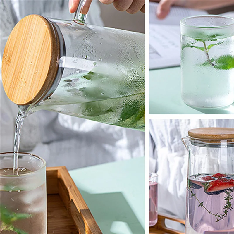 

ABMH-3X 1.7L Glass Water Pitcher With Handle Bamboo Lid Heat Resistant Cold Hot Kettle Capacity Tea Pitcher Water Juice Jug