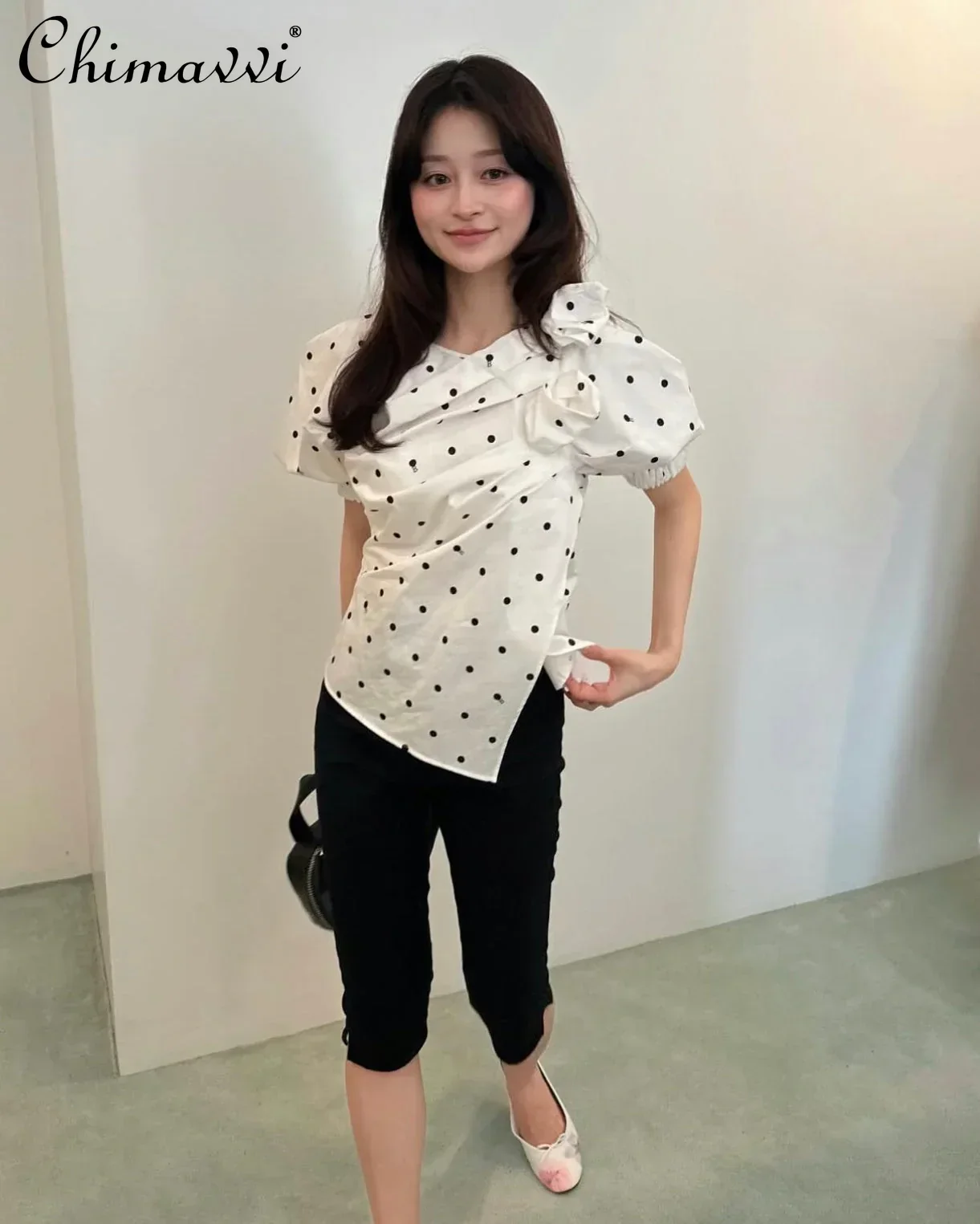 

Japanese Style Polka Dot Puff Sleeve Pure Cotton Shirt Fashion Stereo Tailoring Pleated Flower Silm Elegant Women's Shirt Tops