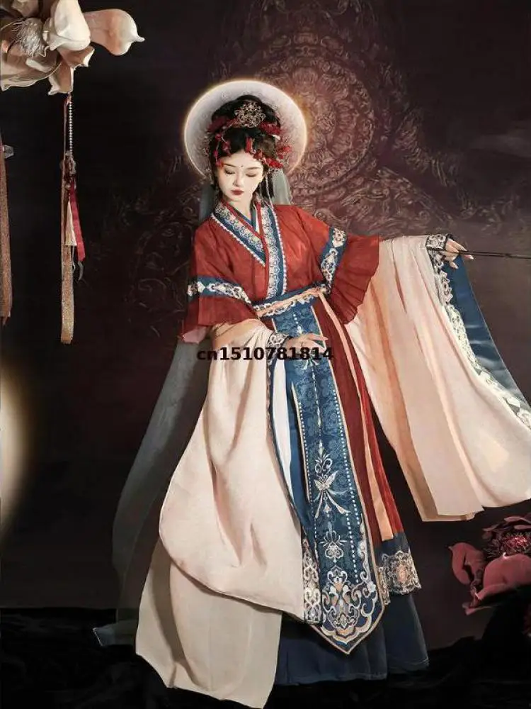 Women Hanfu Chinese Traditional Dress Ancient Wei Jin Style Embroidery Wide Sleeve Cosplay Costume Carnival Party Stage Wear