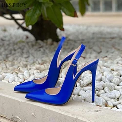 blue real leather Pointed Toe High Heel Shoes Shallow Cut Slingback Buckle Strap Summer Pumps Nightclub Stilettos Dropship