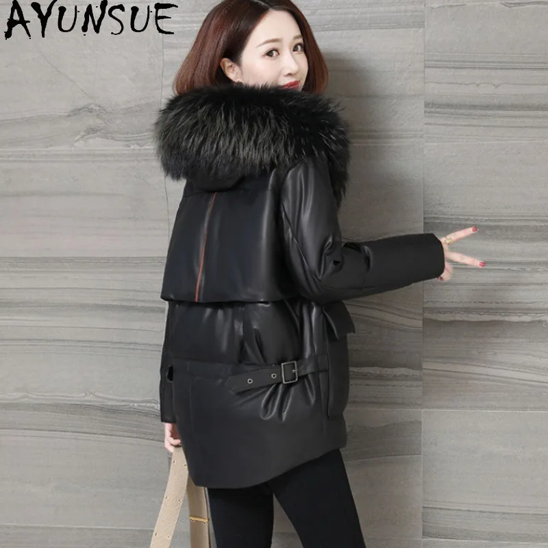 AYUNSUE Genuine Leather Sheepskin Jacket Women Warm Fox Fur Collar Fashion Winter Clothes Mid-length Down Coat Woman Loose Fit