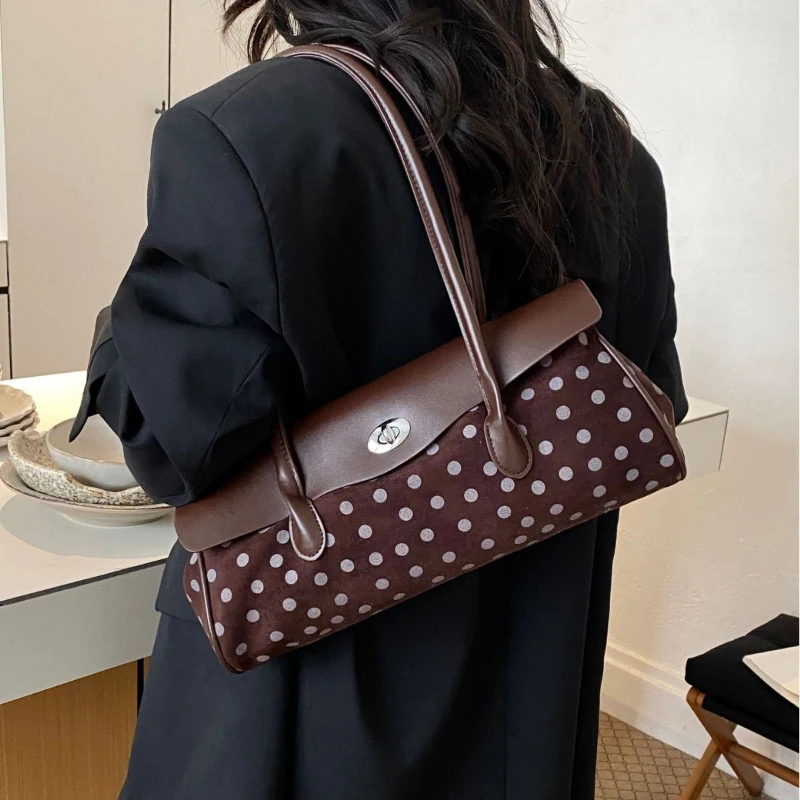 Korean Polka Dot Suede Shoulder Bag Women Elegant Retro PU Leather Flap Handbag Lock Closed Trendy Female Commuter Underarm Bag