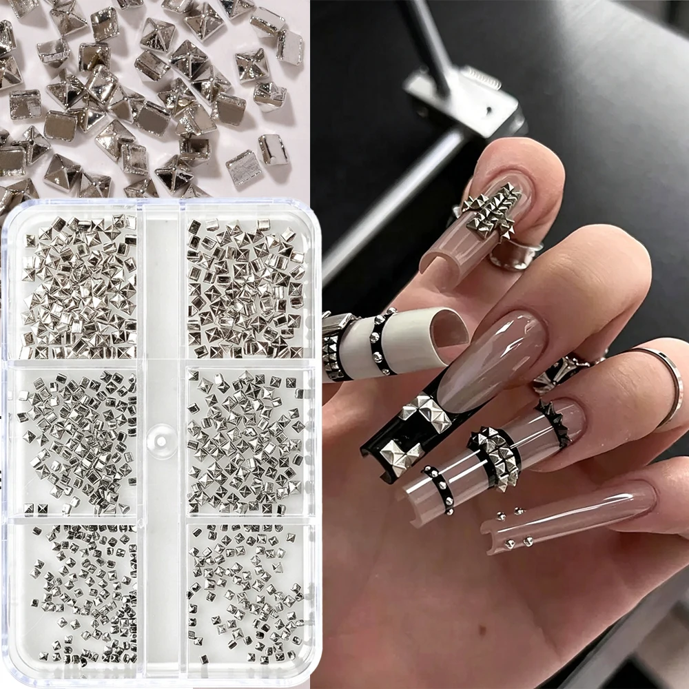 360Pcs 3D Punk Silver Metallic Square Rivet Nail Charms 6Grid Conical Studded Gun Black/Gold Nail Parts Tiny Cone Spike Nail Dec