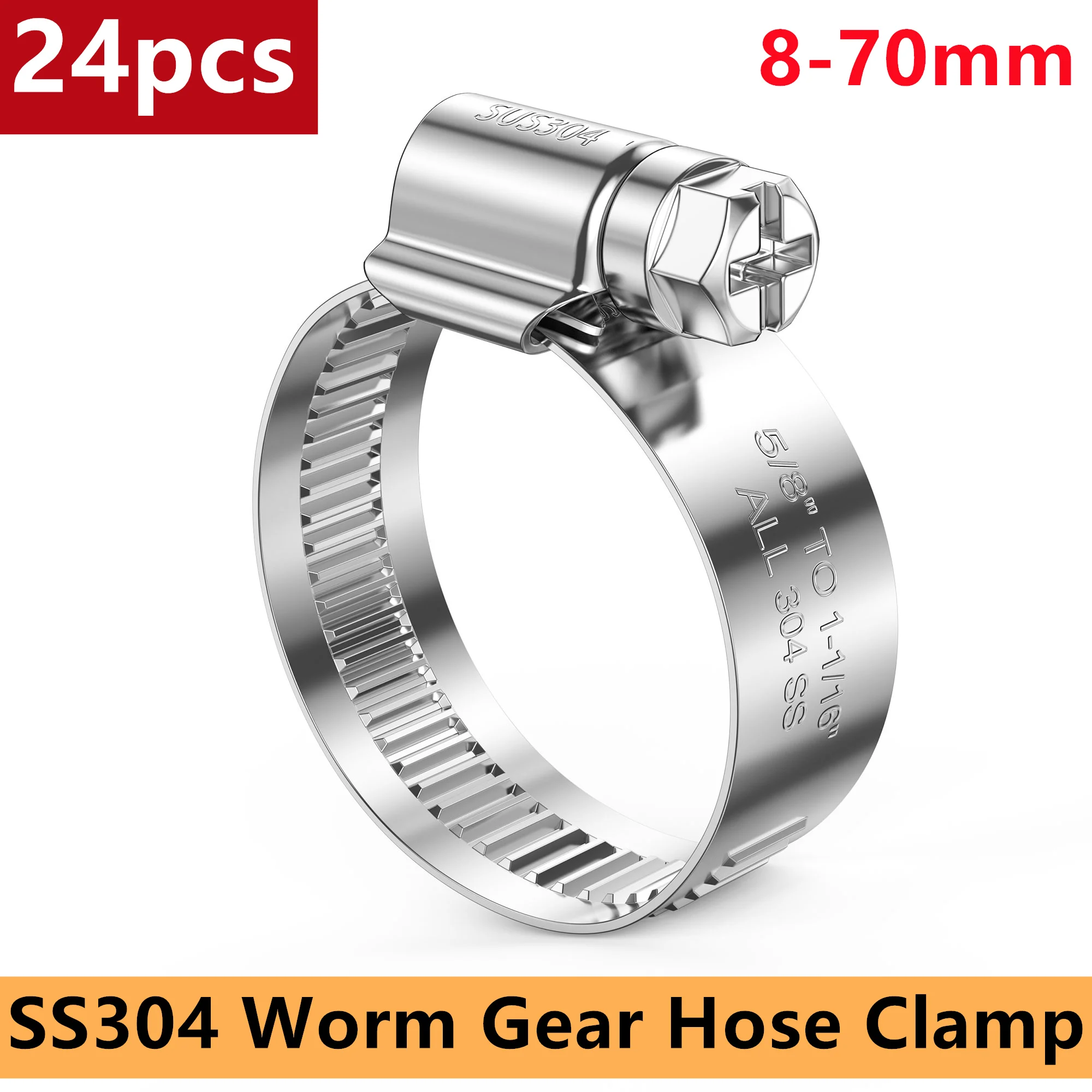 24pcs 304 Stainless Steel Clamp Worm Gear Drive Hose Clamp Adjustable Metal Clamp 8-70mm Heavy Duty Automotive Clamps Clip