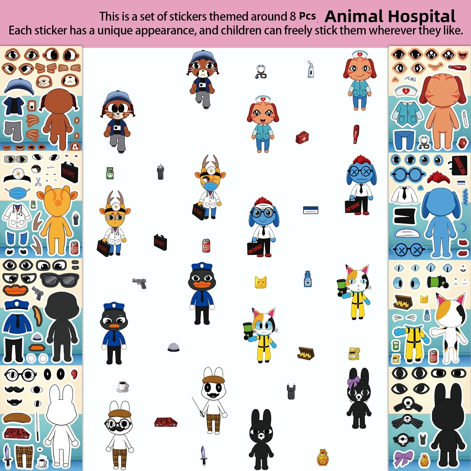 8Pcs/Set Animal Hospital Puzzle Anomaly Stickers Make a Face DIY Games Cartoon Assemble Jigsaw Children Education Party view 4