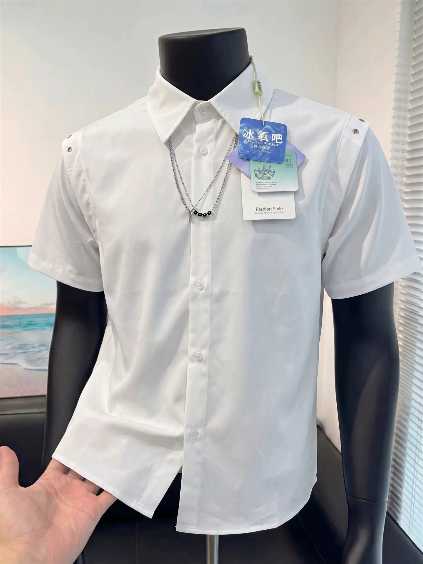 Summer Men's Short Sleeve Shirt Shoulder Design Casual Style Korean Fashion Half Sleeve High Coolness Advanced Feeling Shirt